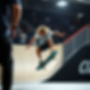 Skateboard tricks being executed in a competition