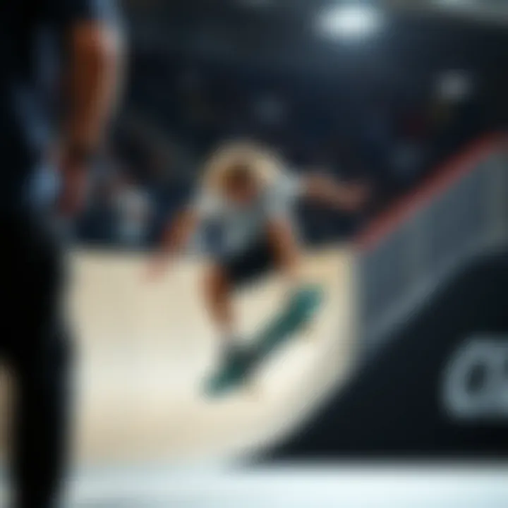 Skateboard tricks being executed in a competition