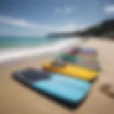 Variety of boogie boards displayed on a vibrant beach