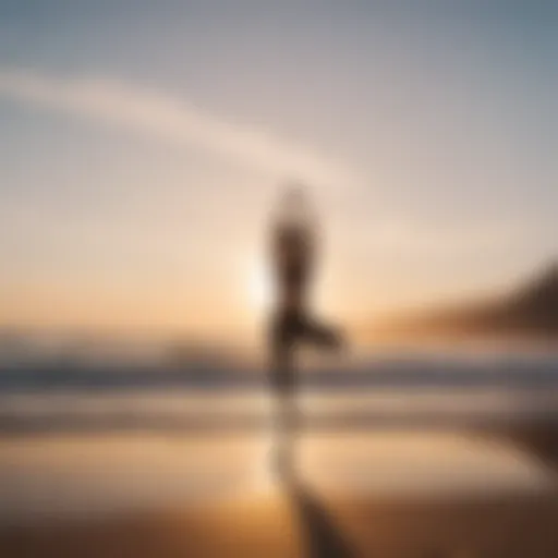 A serene beach with a surfer practicing yoga on the sand at sunrise.