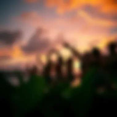 Group performing luau dance under a sunset