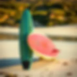 A vibrant longboard showcased in a natural beach setting