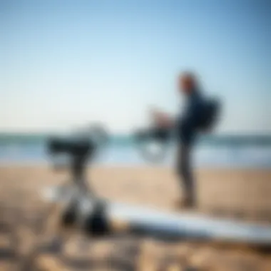 Setting Up for the Perfect Shot Surf videographer setting up camera equipment on the beach
