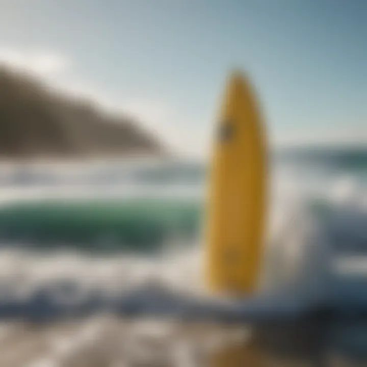 A vibrant surf shower at a beach, surrounded by surfboards and the ocean