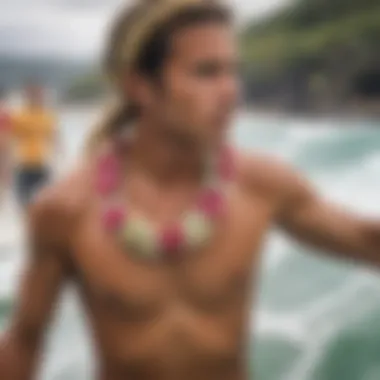 Surfer wearing a lei during a competition