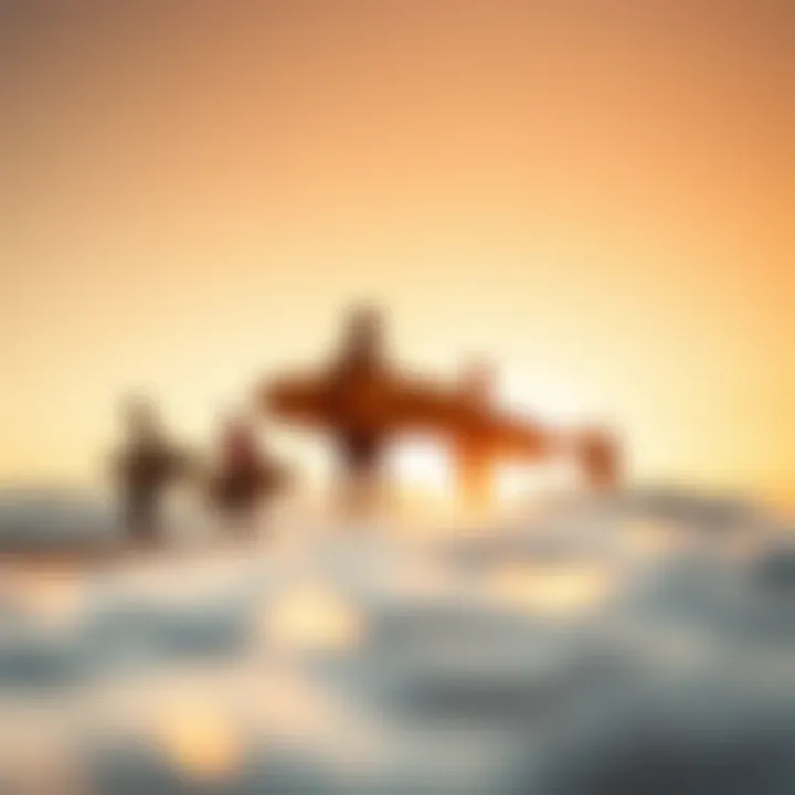Group of surfers enjoying a golden sunset on the beach after a session
