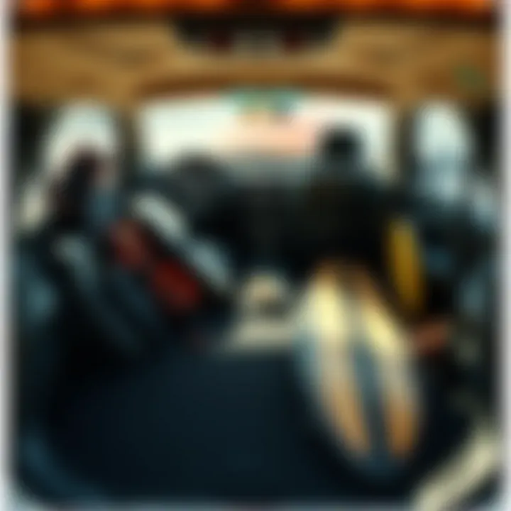 Interior view showcasing unique modifications and surf gear storage