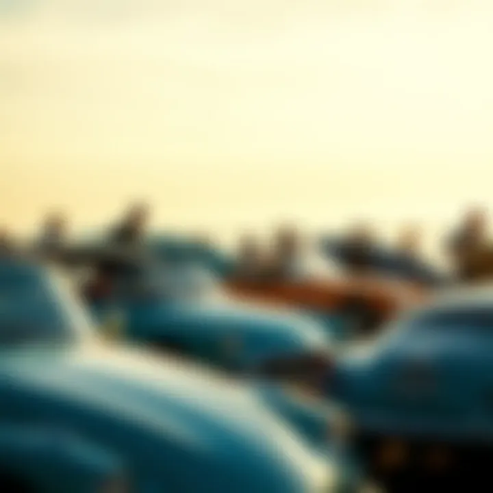A group of surf cars at a beach gathering, highlighting community and culture