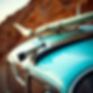 Detailed shot of a surfboard rack atop a retro surf car