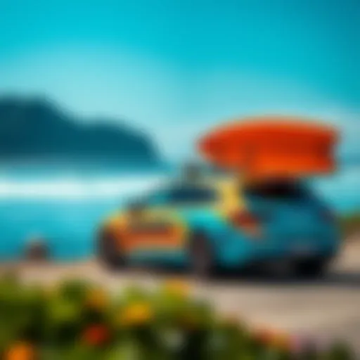 A vibrant surf car parked beside a scenic coastline