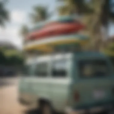 An example of a car with surfboards loaded on the roof