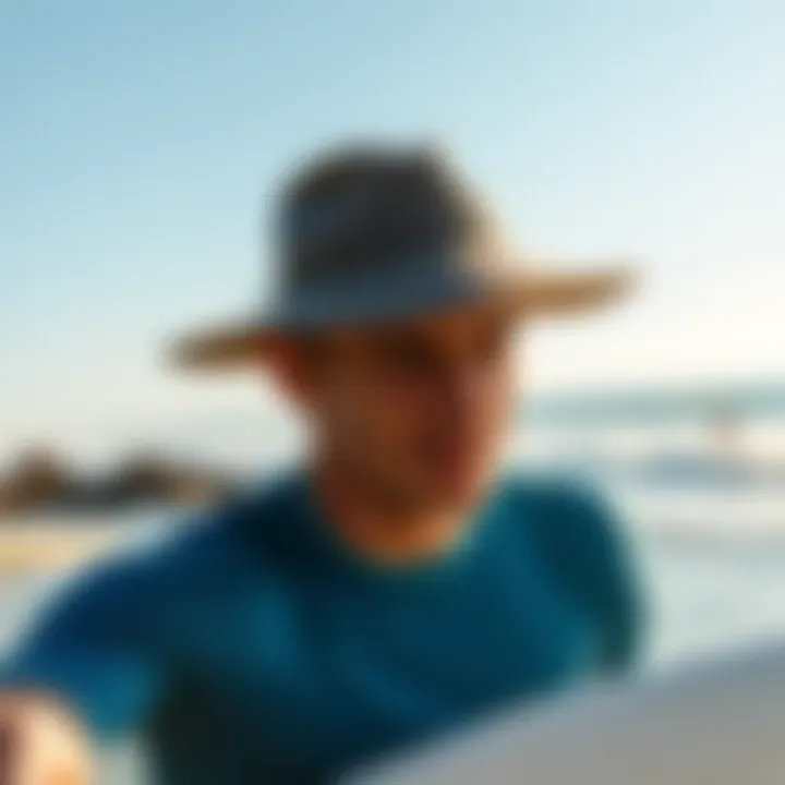 A surfer with a hat enjoying a beautiful day at the beach.