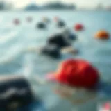 A vibrant surf scene with hats lost in the waves.