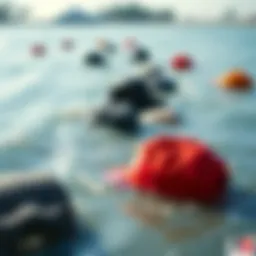 A vibrant surf scene with hats lost in the waves.