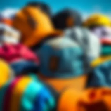 Close-up of various surf hats with vibrant colors.