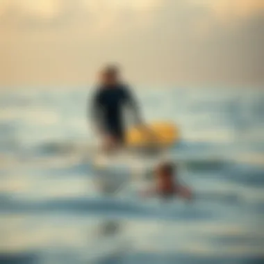 Surf Instruction for Beginners in Calm Waters A surf instructor guiding a beginner in calm waters