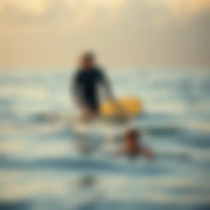 Surf Instruction for Beginners in Calm Waters A surf instructor guiding a beginner in calm waters