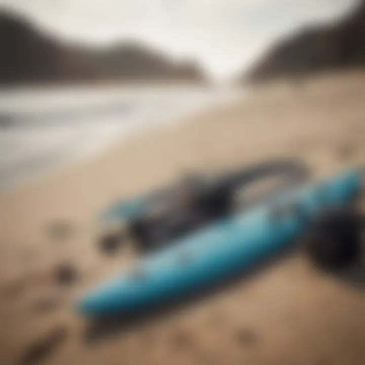 Essential surfing gear laid out on the beach