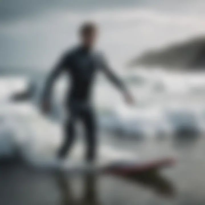 Surfer enjoying the waves while wearing a thick wetsuit in cold conditions