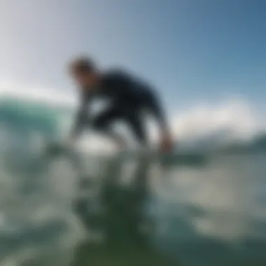 A surfer analyzing wind speed data on a digital display.