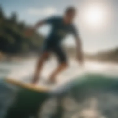 A beginner skimboarder gliding smoothly over the water surface