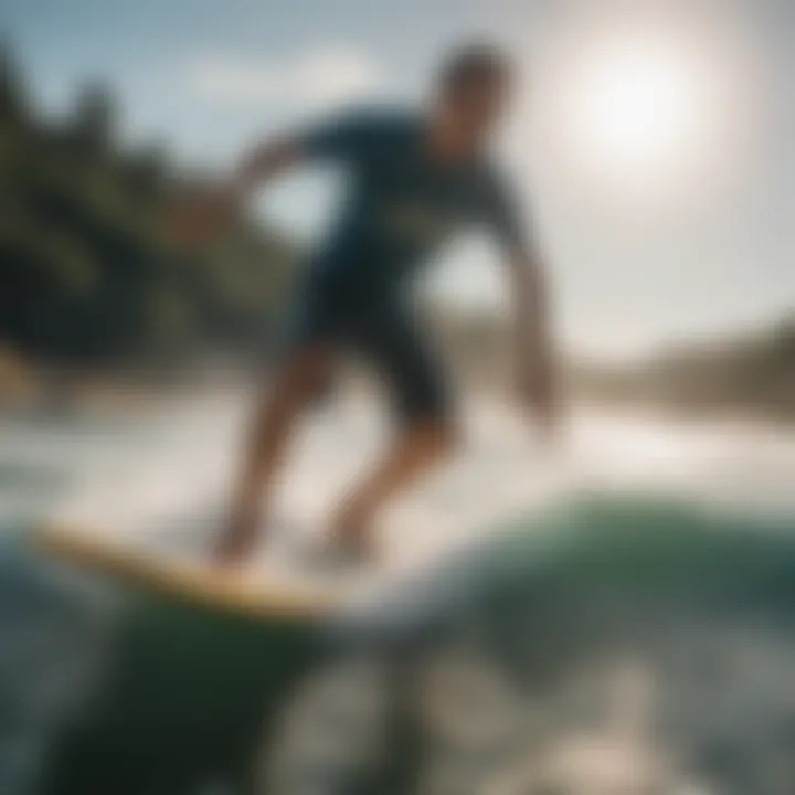 A beginner skimboarder gliding smoothly over the water surface