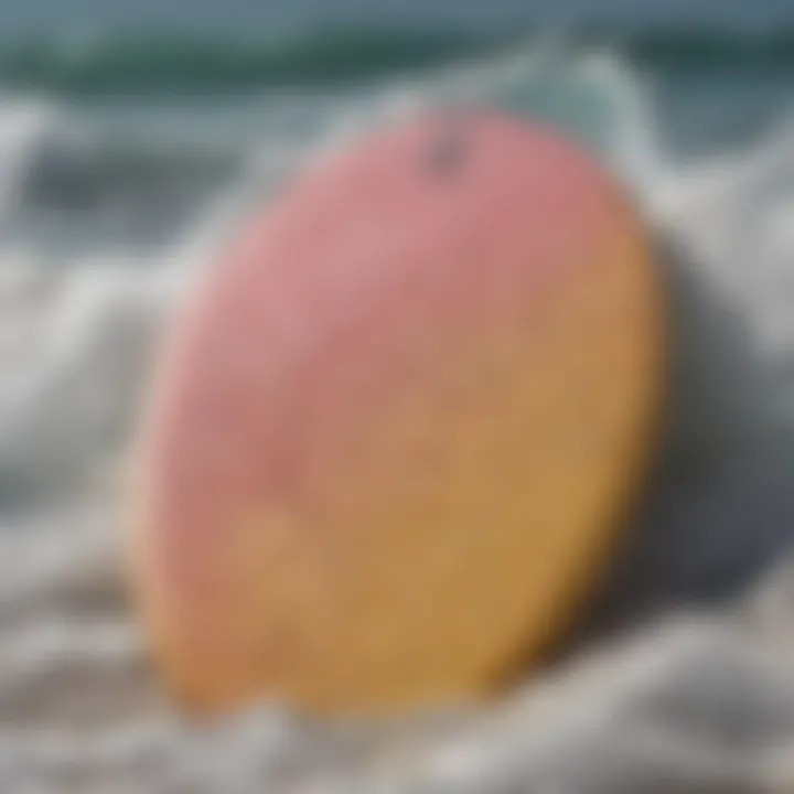 Close-up view of a foam skimboard showcasing its unique texture and shape