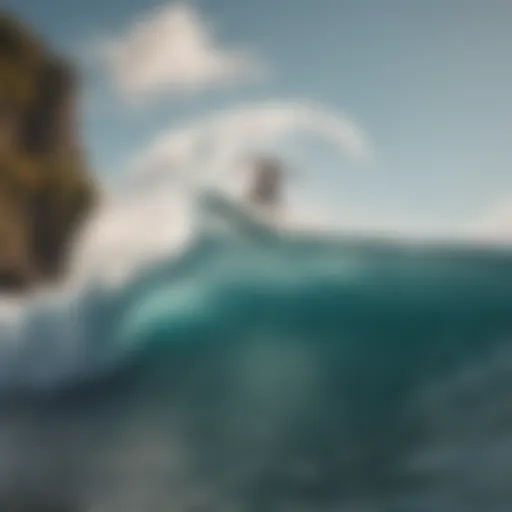 Surfer riding a wave over a coral reef