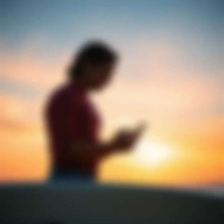 Surfer Checking Surf Report A surfer checking a surf report on a smartphone