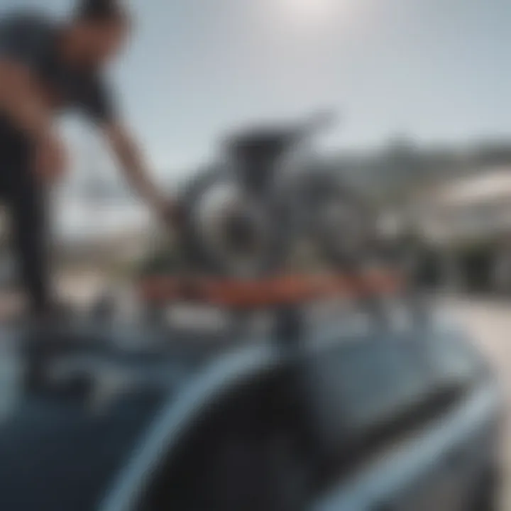 Person securing gear on a temporary roof rack