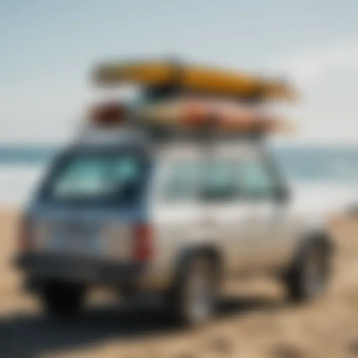 Temporary roof rack installed on a car with surfboards