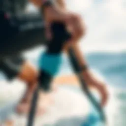 A close-up view of a boogie board wrist leash in action
