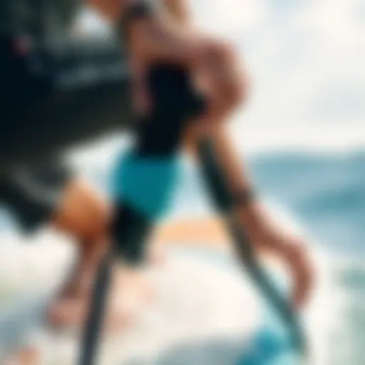 A close-up view of a boogie board wrist leash in action