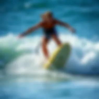 Surfer in Action with Boogie Board Wrist Leash A surfer maneuvering on a wave with a boogie board using a wrist leash