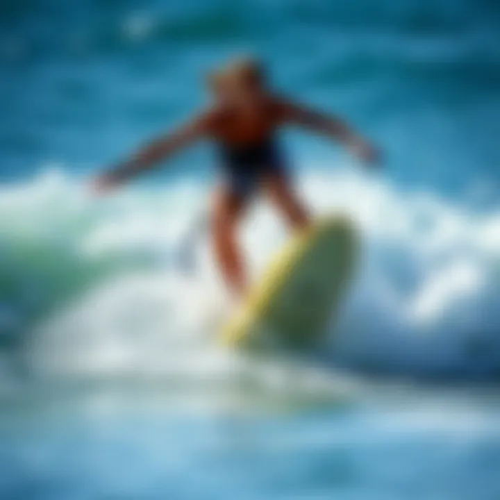 Surfer in Action with Boogie Board Wrist Leash A surfer maneuvering on a wave with a boogie board using a wrist leash