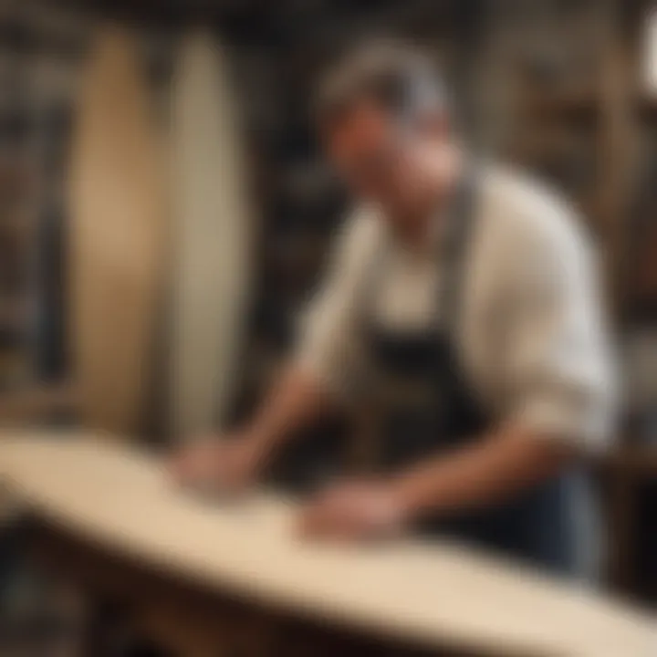 A skilled artisan shaping a surfboard using a planer, demonstrating technique and expertise.