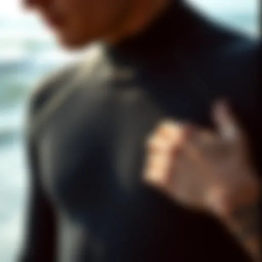 Close-up of a wetsuit being fitted around the torso.
