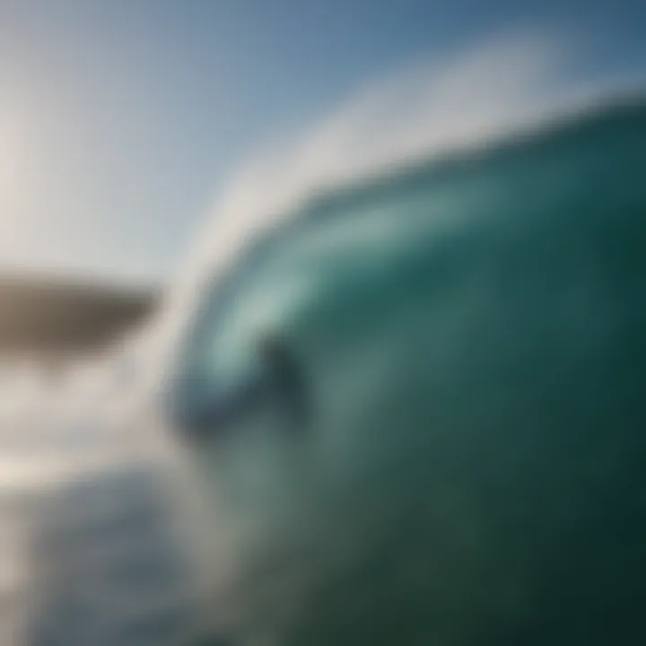 A serene ocean wave under a clear sky, illustrating ideal surf conditions influenced by wind speed.