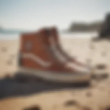 Stylish Vans surf booties on a sandy beach