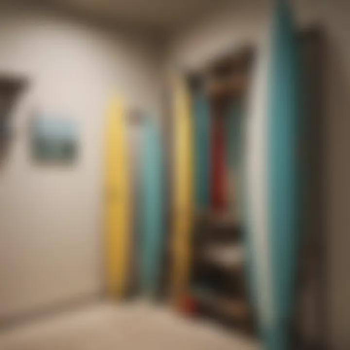 Organized surfboards in a visually appealing wall-mounted rack.