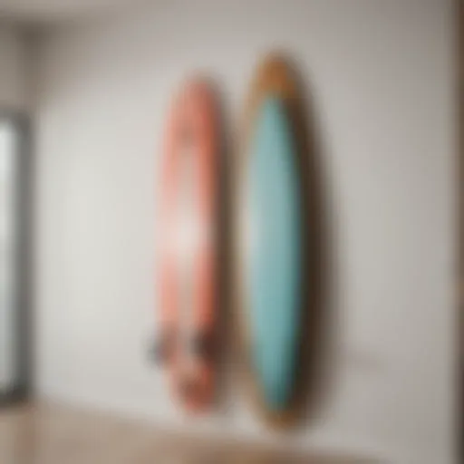 A stylish wall-mounted surfboard rack showcasing multiple boards.