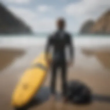 A surfer selecting between a wetsuit and a life jacket at a beach.