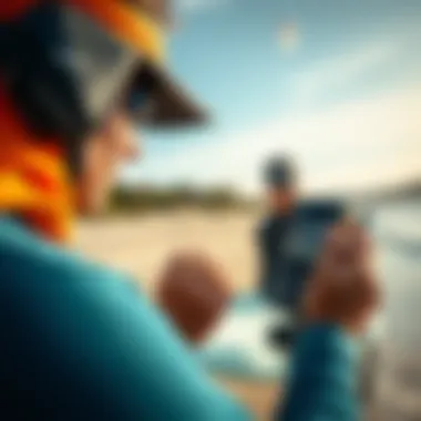 Handheld Wind Measuring Devices for Kitesurfers Kitesurfers analyzing wind patterns using handheld device