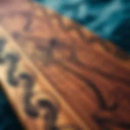 Close-up of a handcrafted wood skimboard showcasing intricate design patterns