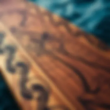 Intricate Designs on Wood Skimboards Close-up of a handcrafted wood skimboard showcasing intricate design patterns